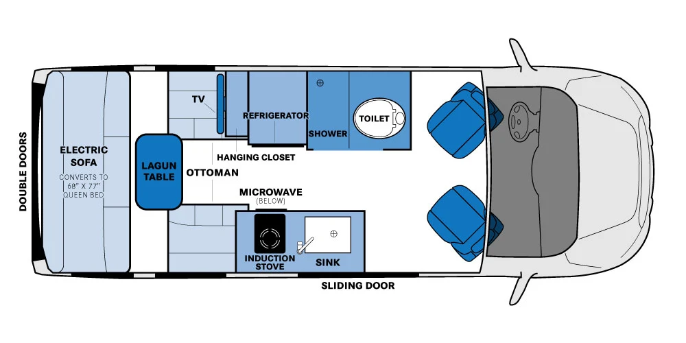 Floorplan of a Pleasure-Way Ontour 2.0 campervan.