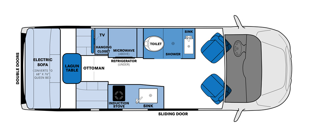 Floorplan of a Pleasure-Way Ontour 2.2 campervan.