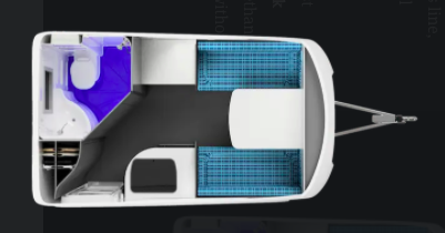 Floorplan of a Wingamm Rookie fiberglass travel trailer