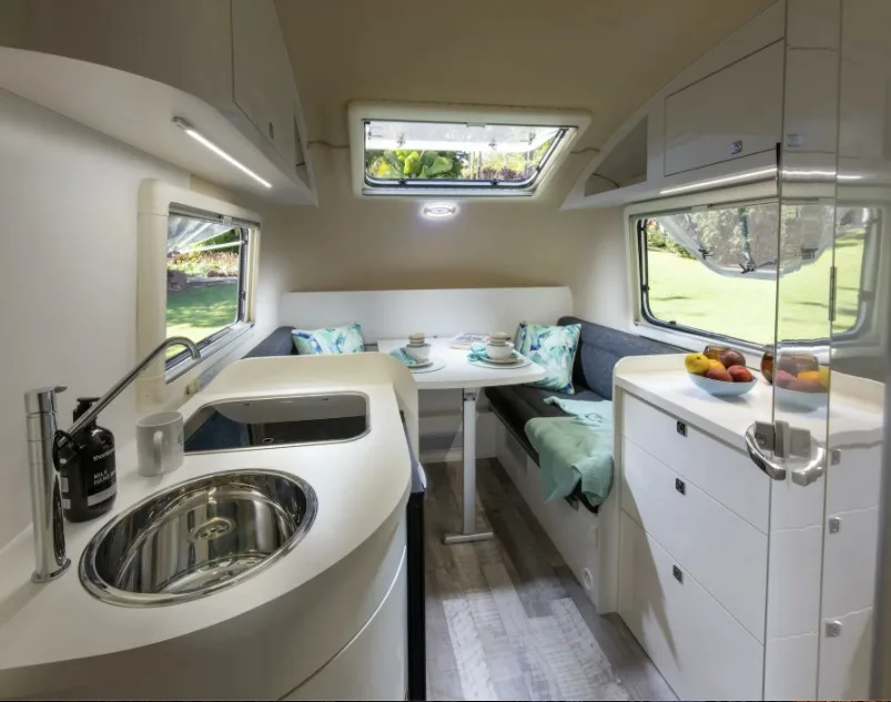 Modern interior of a Wingamm Rookie fiberglass travel trailer