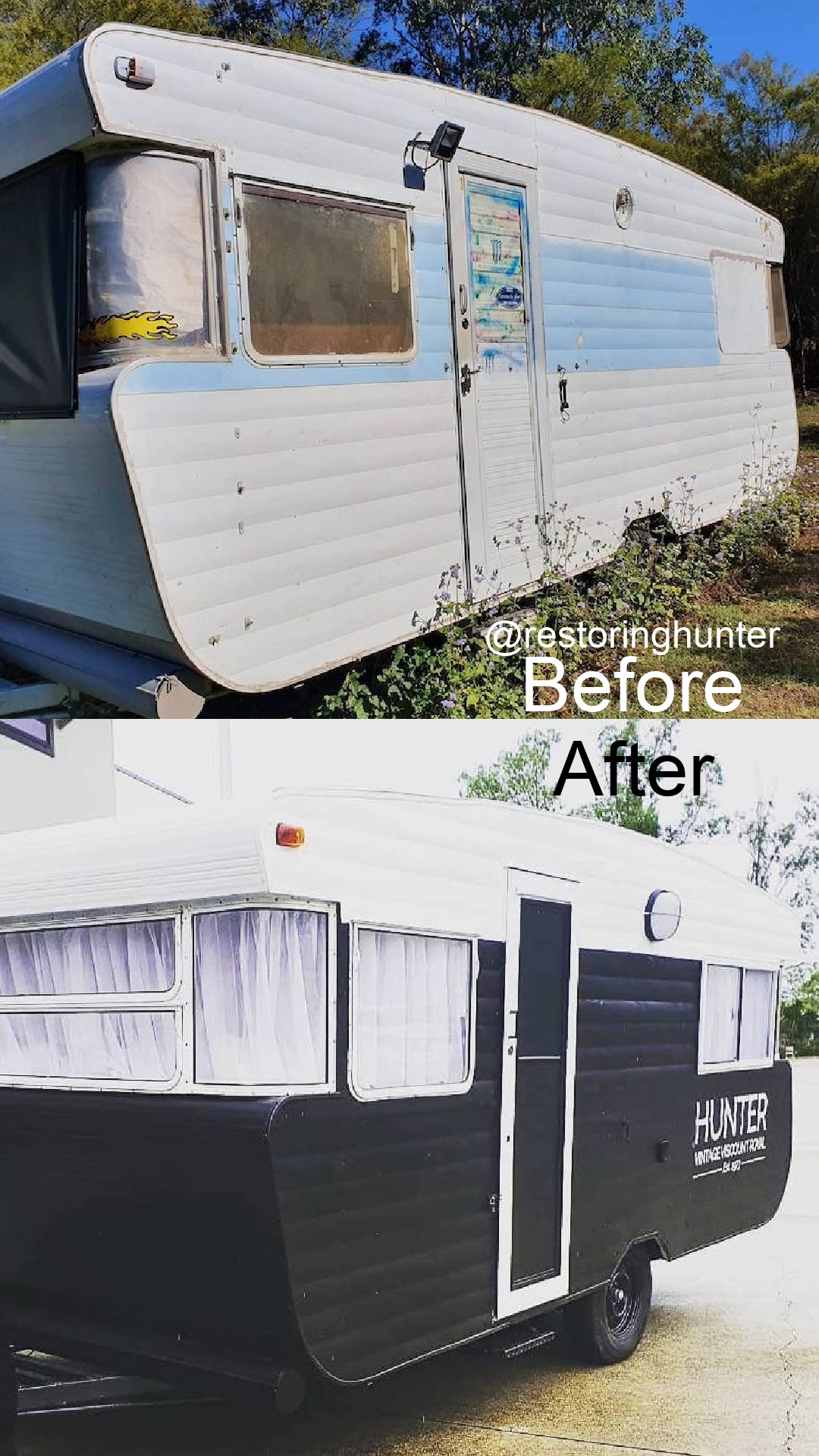 Before and after photos of the exterior of a renovated vintage travel trailer.
