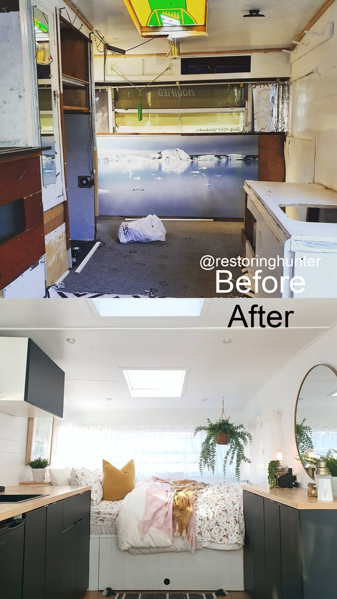 Before and after photos of the interior of a renovated vintage caravan.