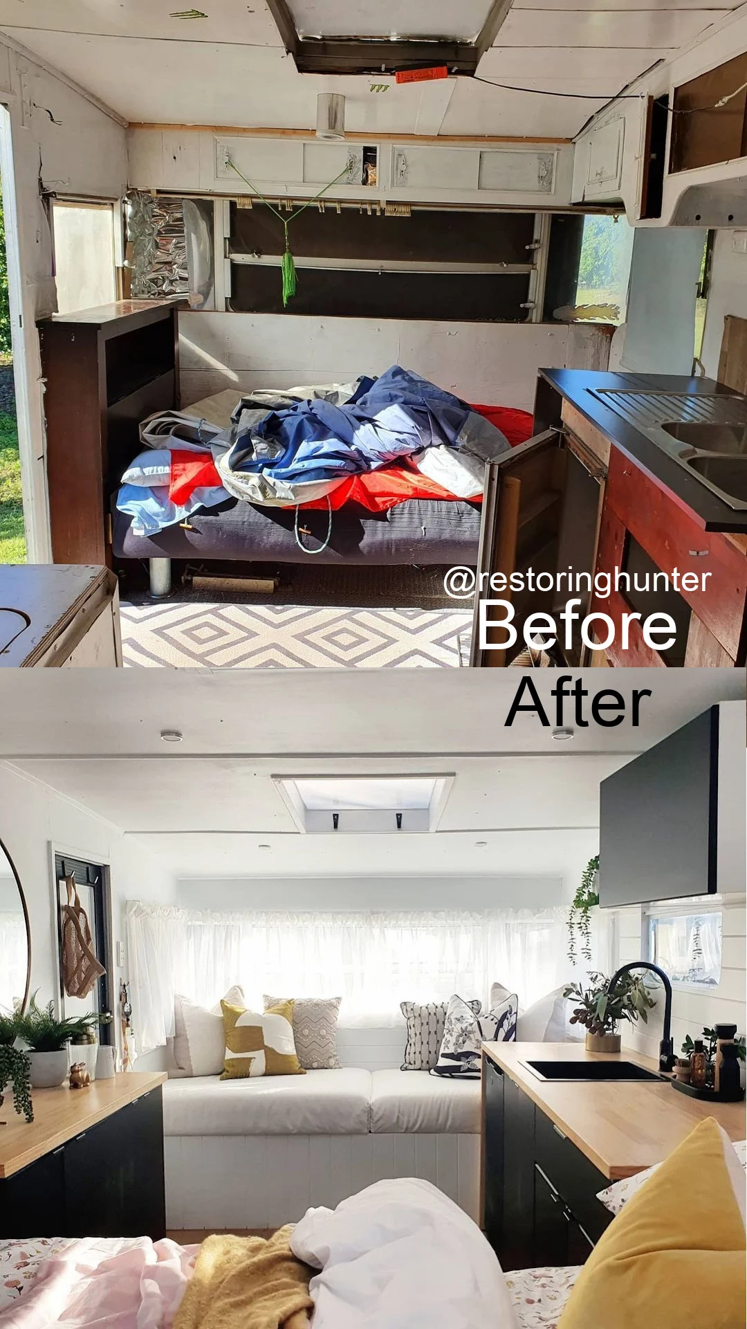Before and after photos of the interior of a renovated vintage camper.