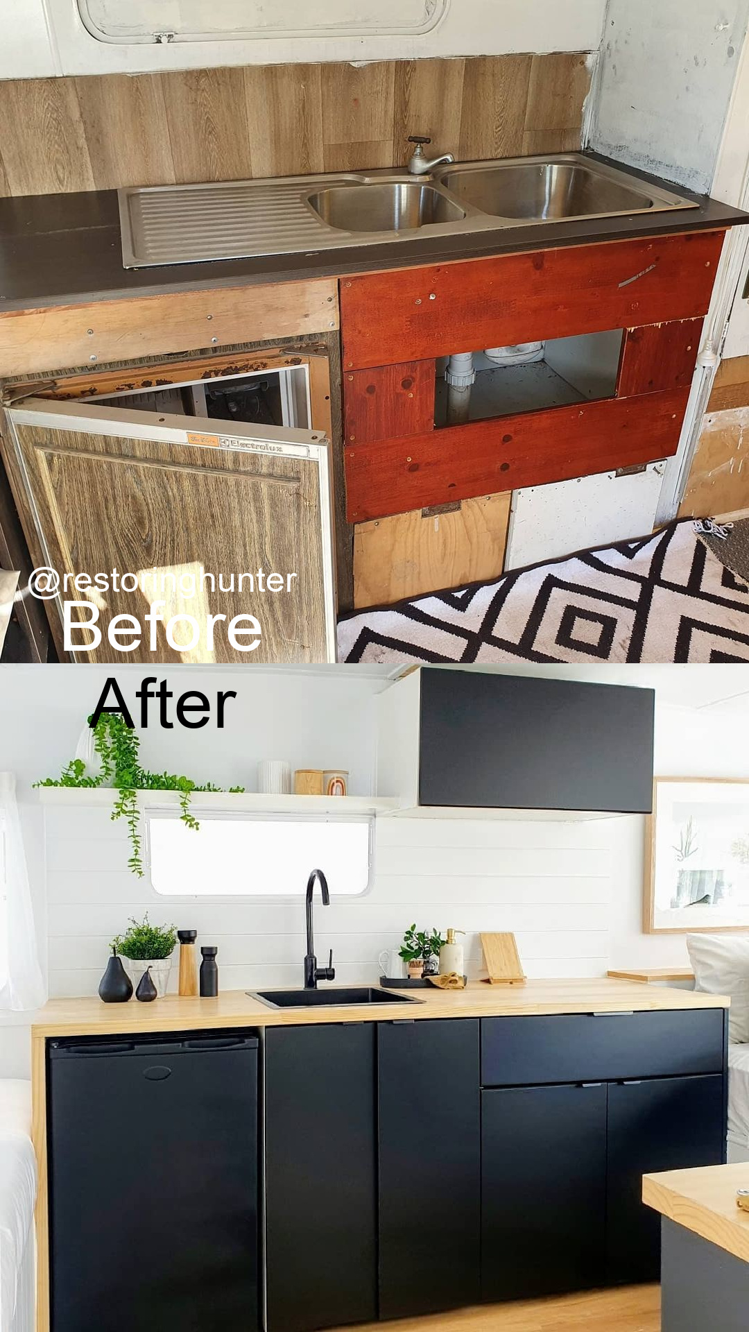 Before and after photos of the interior of a renovated vintage travel trailer.