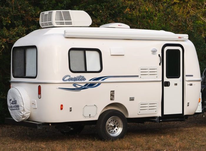 Side view of a Casita Spirit fiberglass travel trailer.