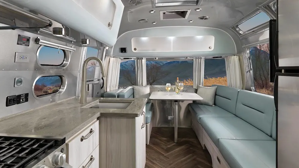 Dinetter area of a modern Airstream travel trailer