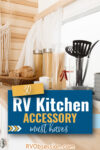 RV kitchen with wooden benchtop and light colored decor, and text: 30 RV kitchen accessory must haves.