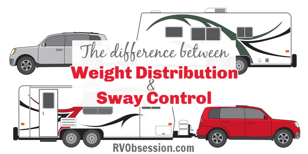 Illustration of 2 vehicles towing pull-behind RVs with text: The difference between weight distribution and sway control.