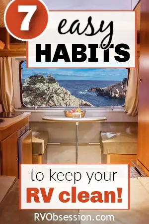 Dinette inside an RV showing a coastal view out the window, with text overlay: 7 easy habits to keep your RV clean.