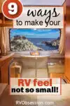 Dining area in an RV with text: 9 ways to make to make your RV feel no so small.
