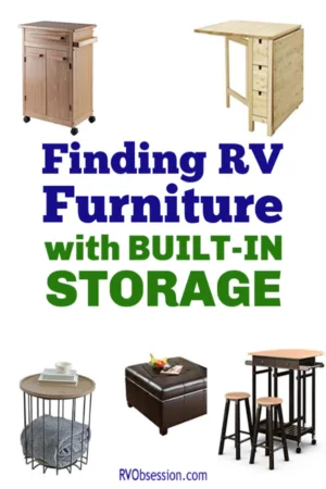 A Pinterest pin with the title 'Finding RV Furniture with Built-In Storage' and pictures of furniture that can be used in an RV.