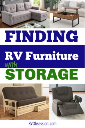 A Pinterest pin with the caption: Finding RV Furniture with Storage. And pictures of RV furniture.