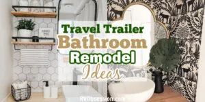 2 renovated bathrooms with text overlay, travel trailer bathroom remodel ideas