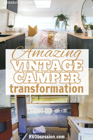 Interior of a remodeled travel trailer with text: Amazing vintage camper transformation.