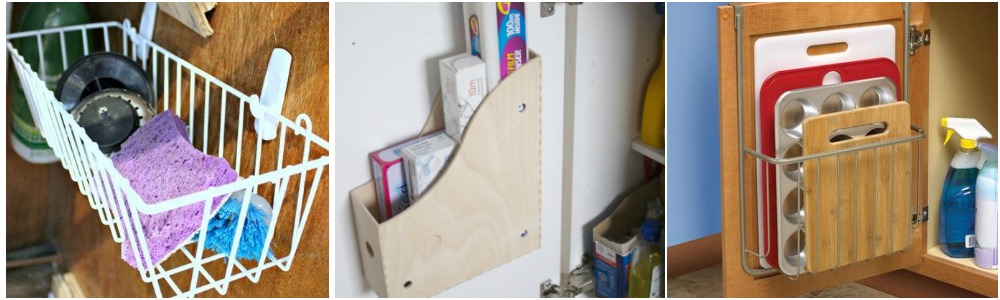 Small Kitchen Storage Ideas - use the inside of your cupboards by hanging baskets, boxes or racks to store items. Especially the ones that are used often as this space is easy to get to.
