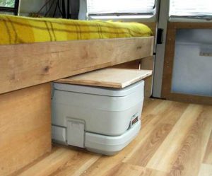 Small RV Trailers Bathroom - there are lots of options for a bathroom in a small rv or travel trailer. Not all of them are my preference, but some are more space saving than others. One of those is a porta potty or chemical toilet stored in a cupboard or under the bed.